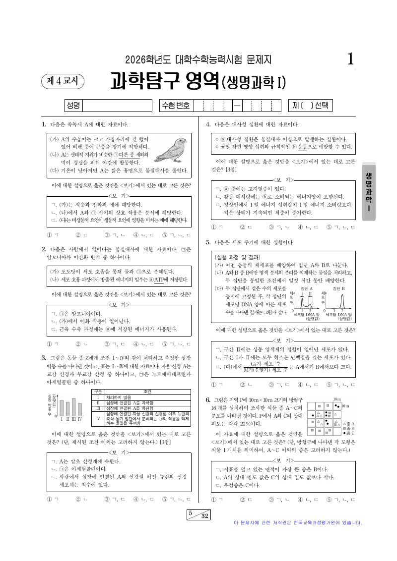 2026학년도 대학수학능력시험 생명과학1 시험지 첫 페이지