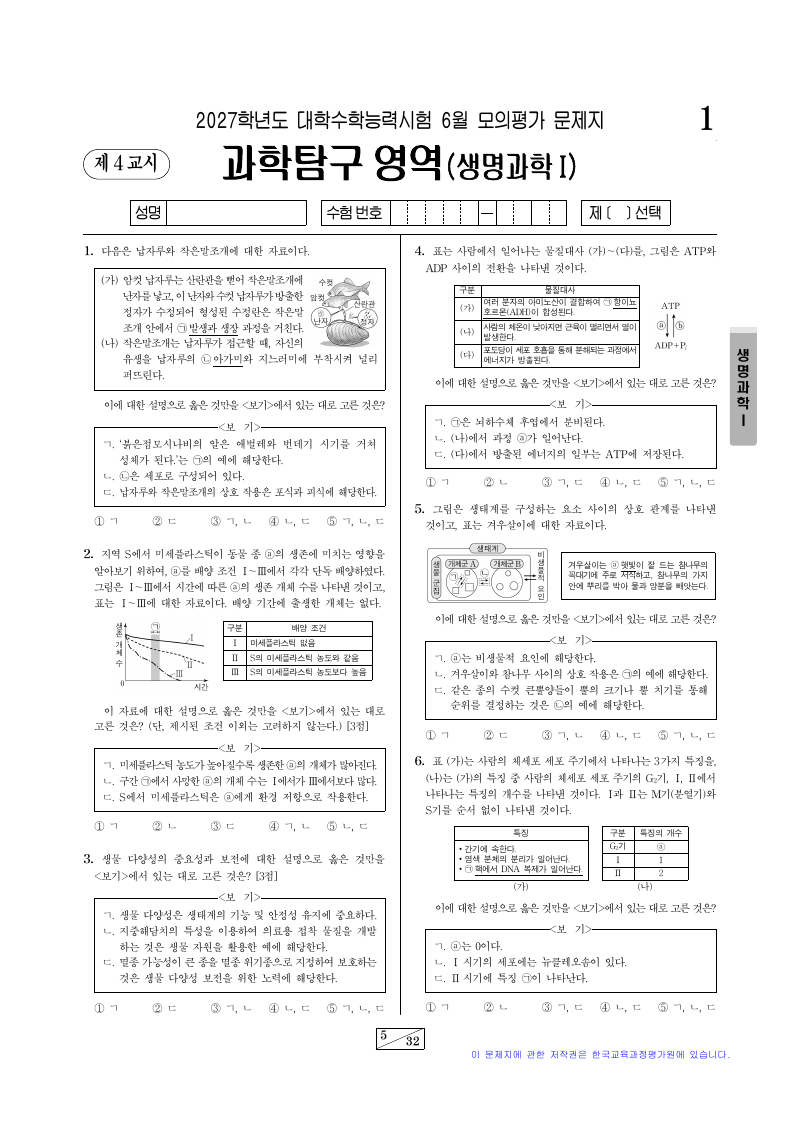 2027학년도 6월 모의평가 생명과학1 시험지 첫 페이지