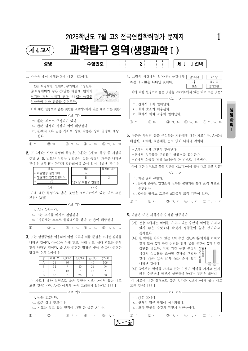 2026년 7월 고3 학력평가 생명과학1 시험지 첫 페이지
