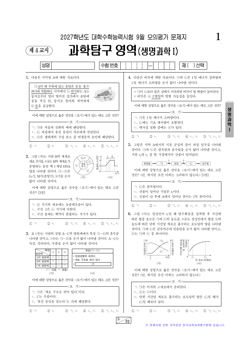 2027학년도 9월 모의평가 생명과학1 시험지 첫 페이지