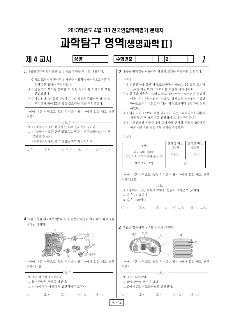 2013년 4월 고3 학력평가 생명과학2 시험지 첫 페이지