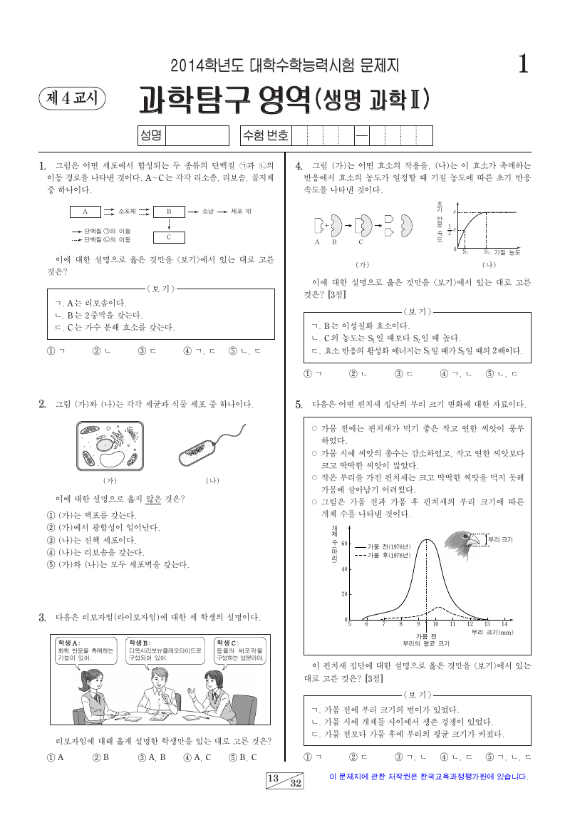 2014학년도 대학수학능력시험 생명과학2 시험지 첫 페이지