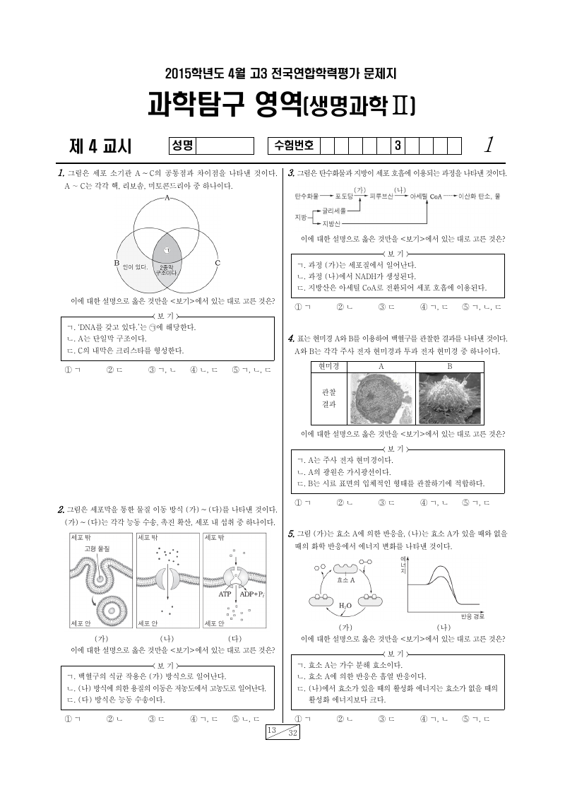 2015년 4월 고3 학력평가 생명과학2 시험지 첫 페이지