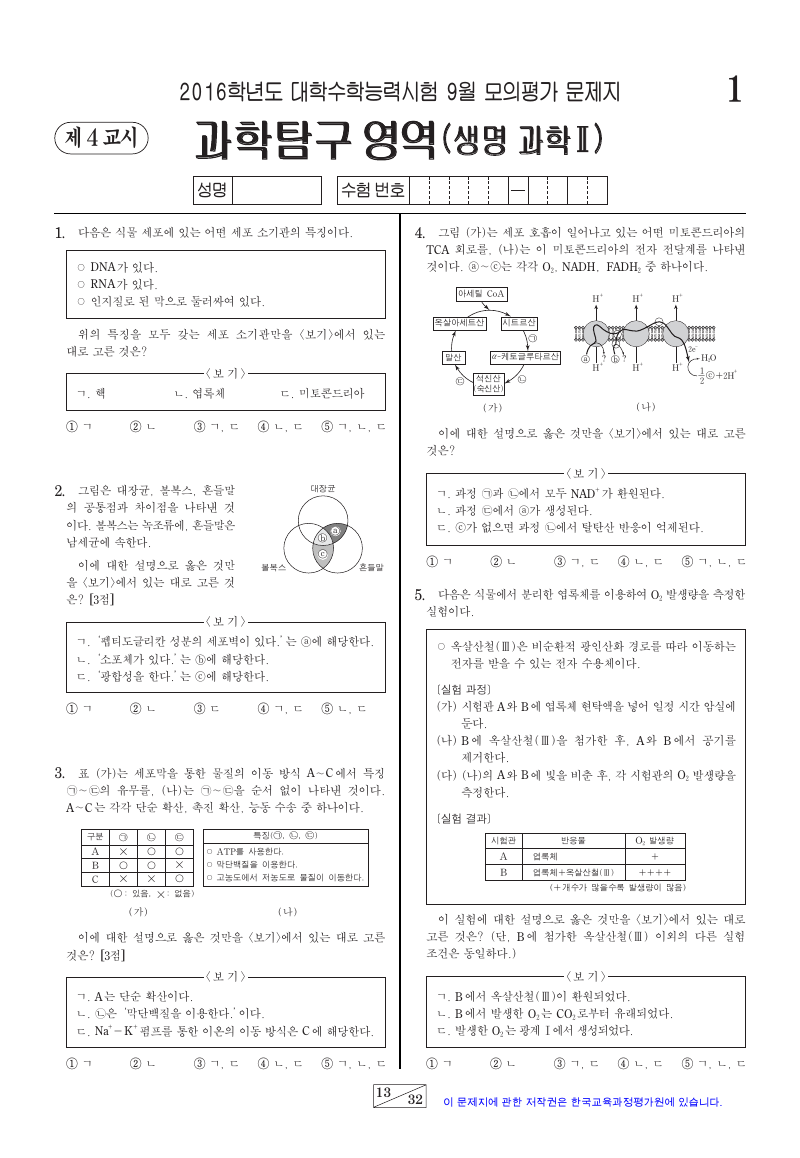 2016학년도 9월 모의평가 생명과학2 시험지 첫 페이지