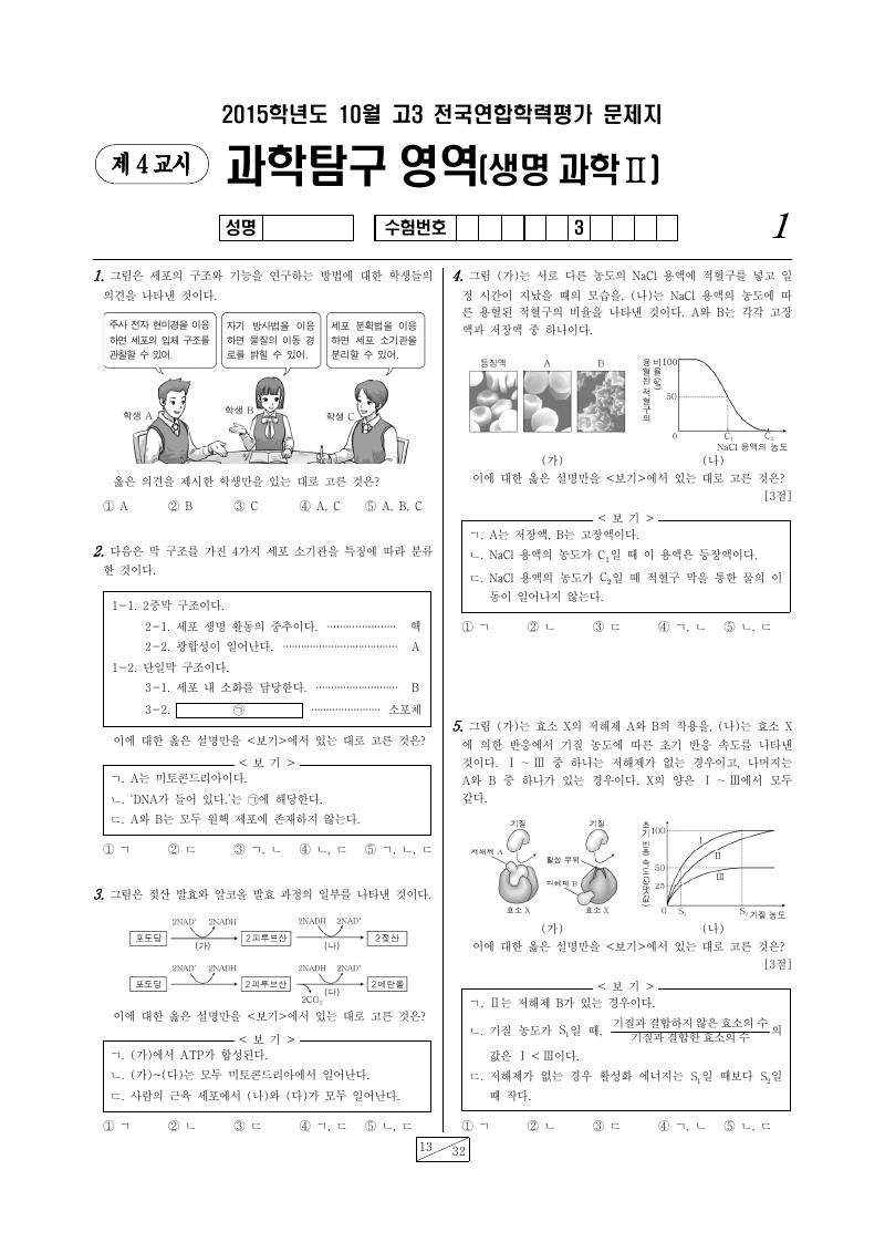 2015년 10월 고3 학력평가 생명과학2 시험지 첫 페이지