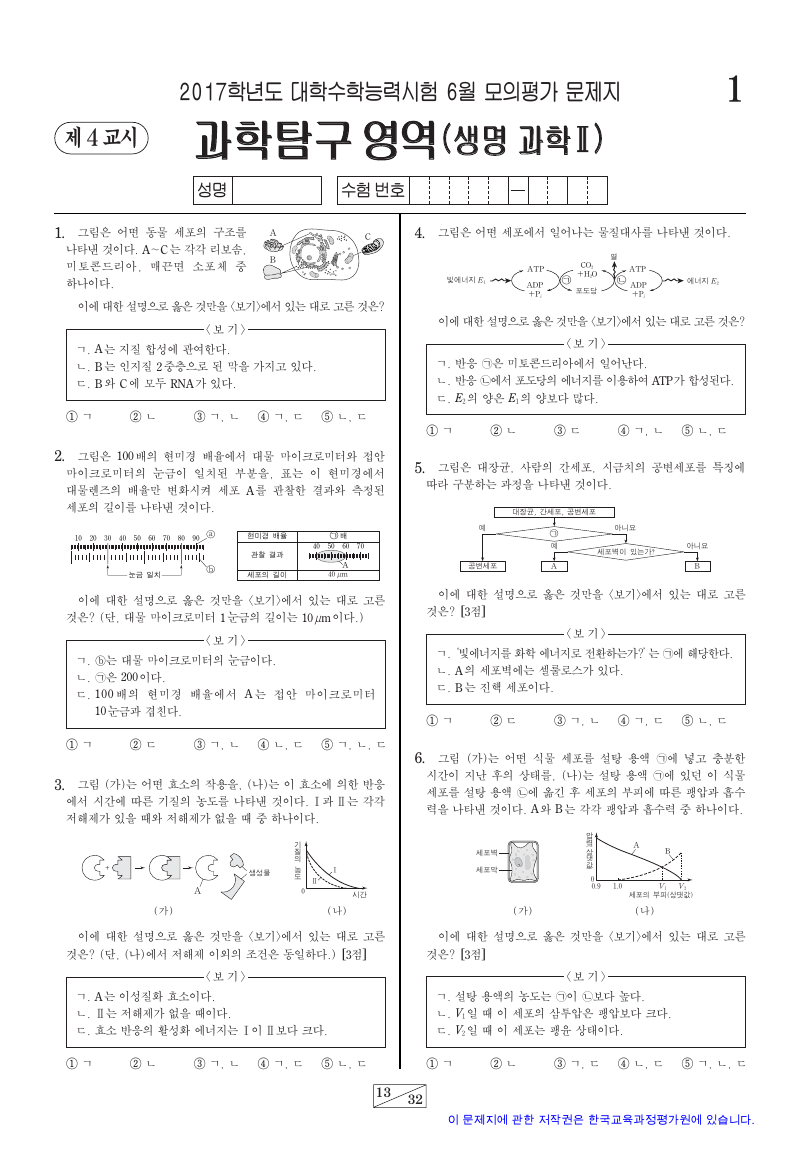 2017학년도 6월 모의평가 생명과학2 시험지 첫 페이지