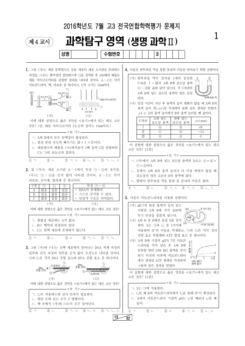 2016년 7월 고3 학력평가 생명과학2 시험지 첫 페이지