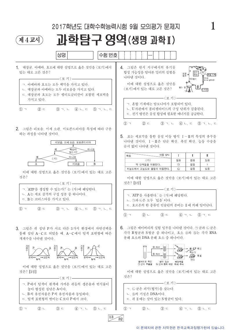 2017학년도 9월 모의평가 생명과학2 시험지 첫 페이지