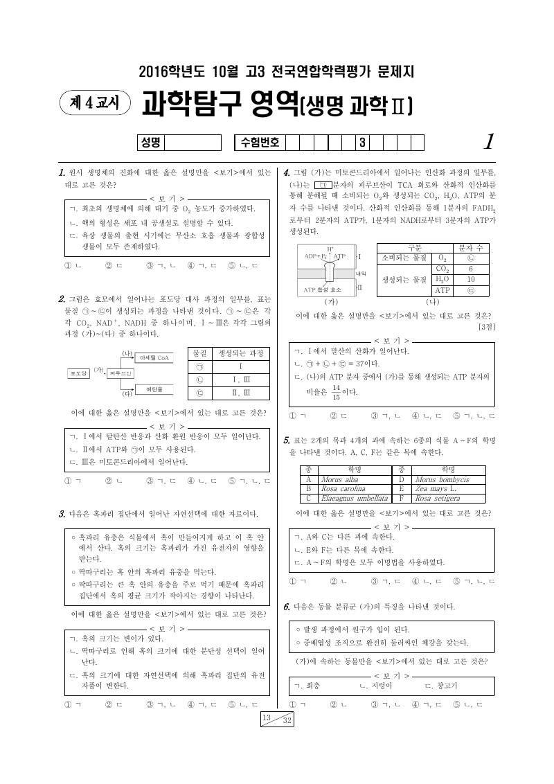2016년 10월 고3 학력평가 생명과학2 시험지 첫 페이지