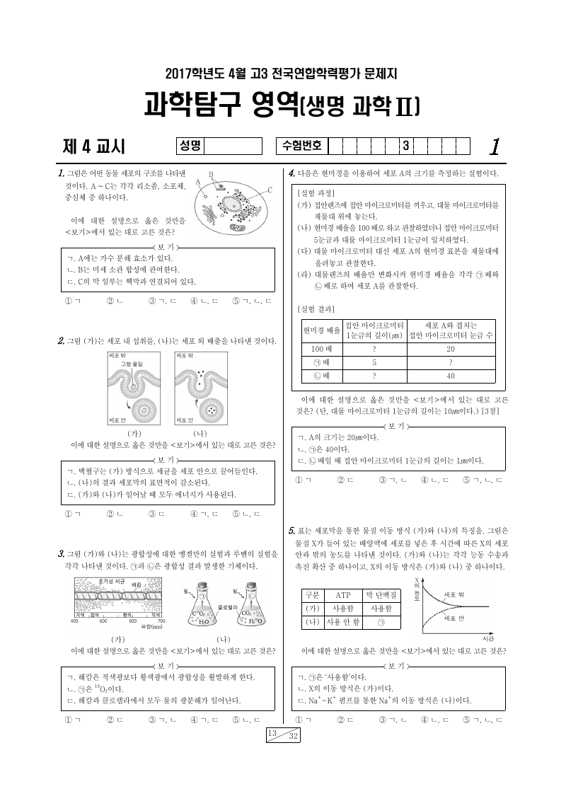 2017년 4월 고3 학력평가 생명과학2 시험지 첫 페이지