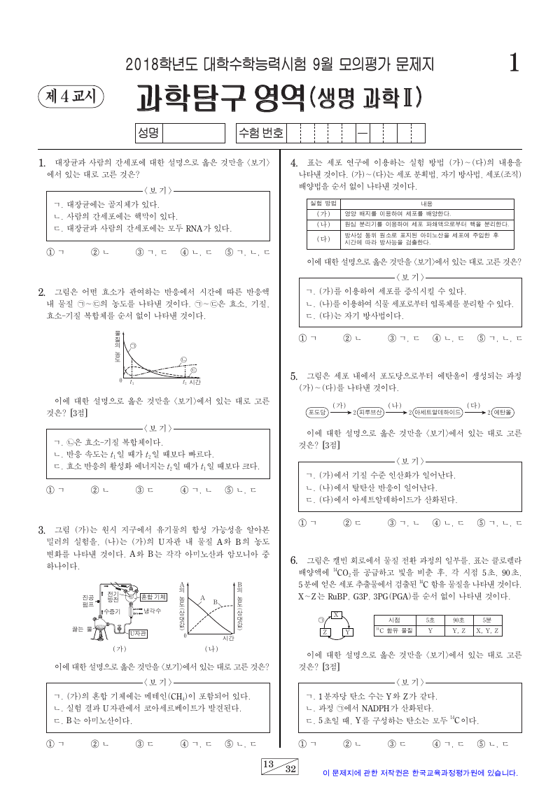 2018학년도 9월 모의평가 생명과학2 시험지 첫 페이지