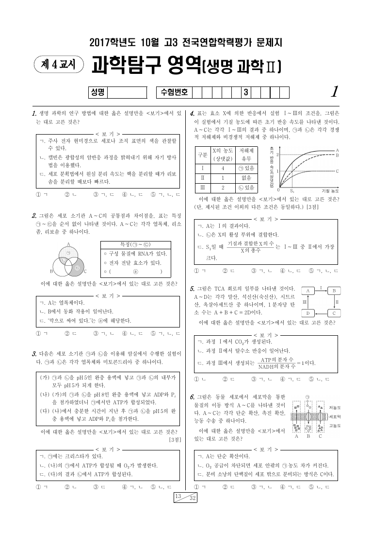 2017년 10월 고3 학력평가 생명과학2 시험지 첫 페이지