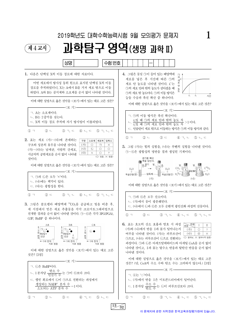 2019학년도 9월 모의평가 생명과학2 시험지 첫 페이지