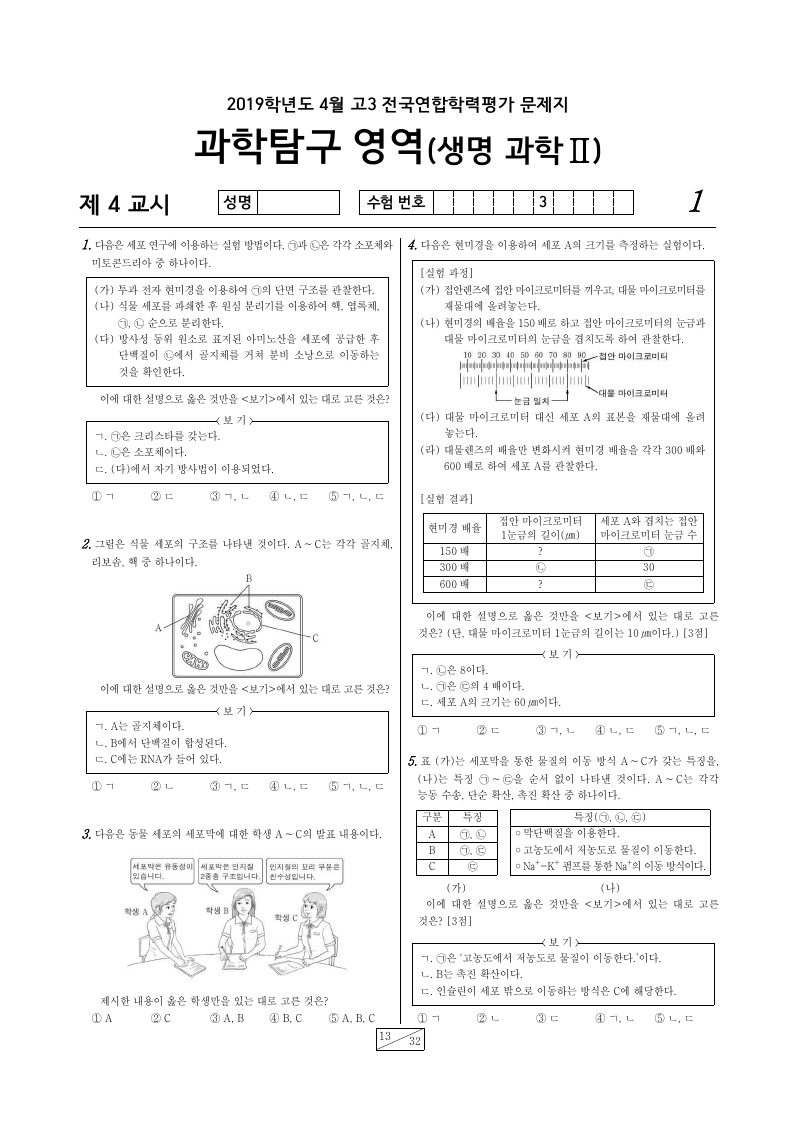 2019년 4월 고3 학력평가 생명과학2 시험지 첫 페이지