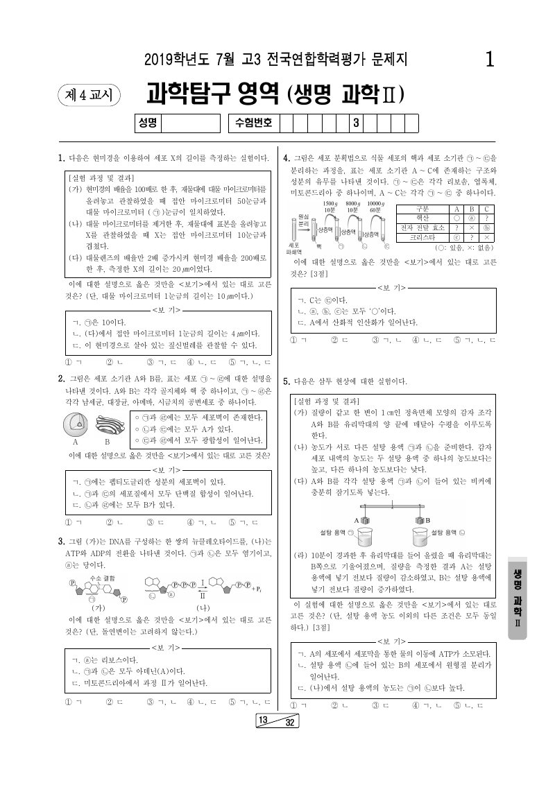 2019년 7월 고3 학력평가 생명과학2 시험지 첫 페이지