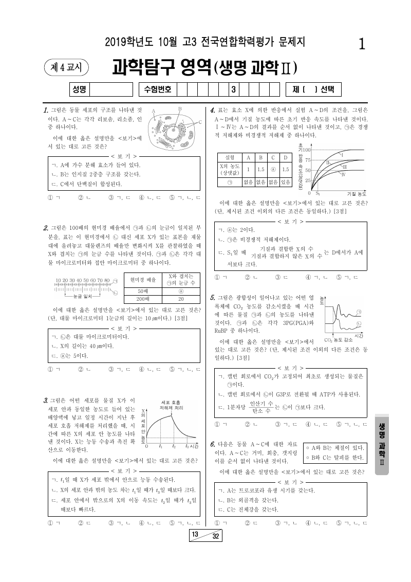 2019년 10월 고3 학력평가 생명과학2 시험지 첫 페이지