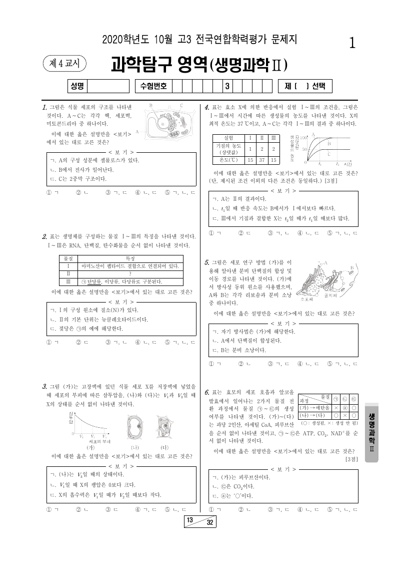2020년 10월 고3 학력평가 생명과학2 시험지 첫 페이지