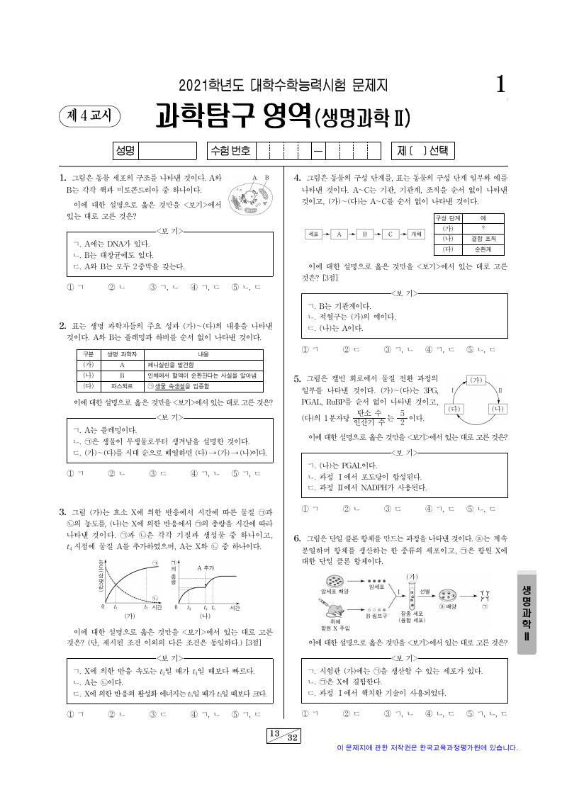 2021학년도 대학수학능력시험 생명과학2 시험지 첫 페이지