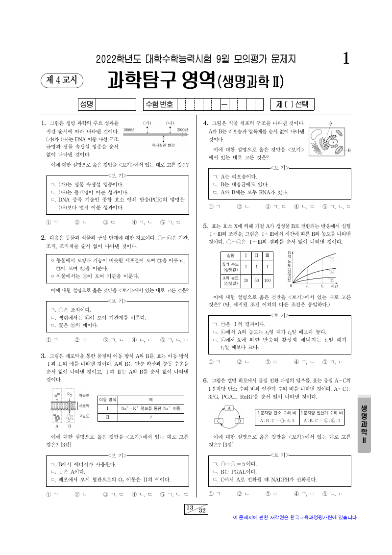 2022학년도 9월 모의평가 생명과학2 시험지 첫 페이지