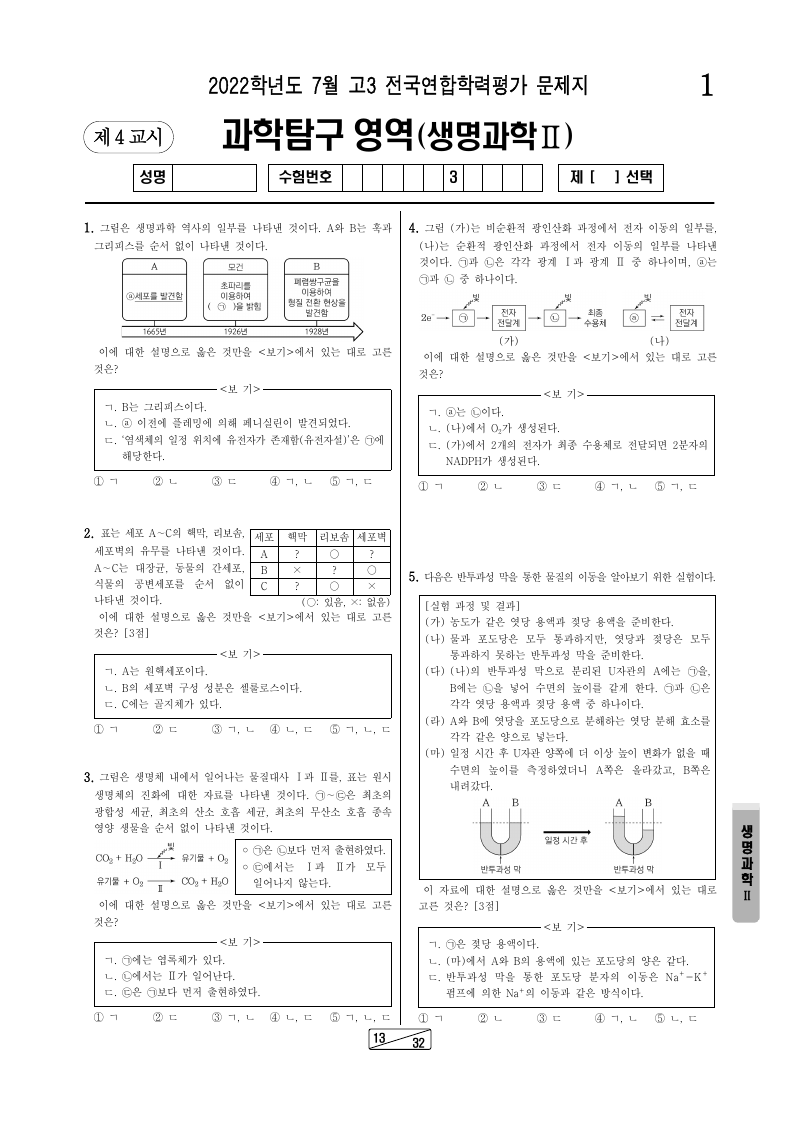 2022년 7월 고3 학력평가 생명과학2 시험지 첫 페이지