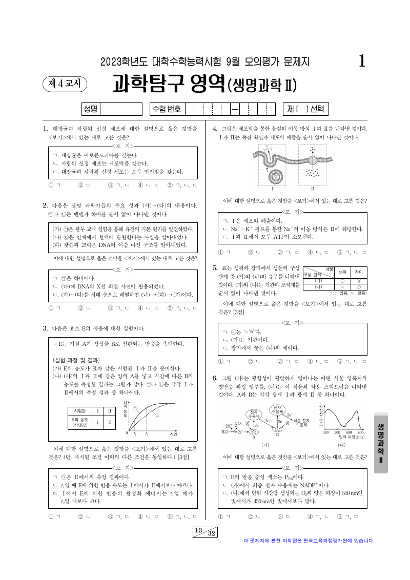 2023학년도 9월 모의평가 생명과학2 시험지 첫 페이지