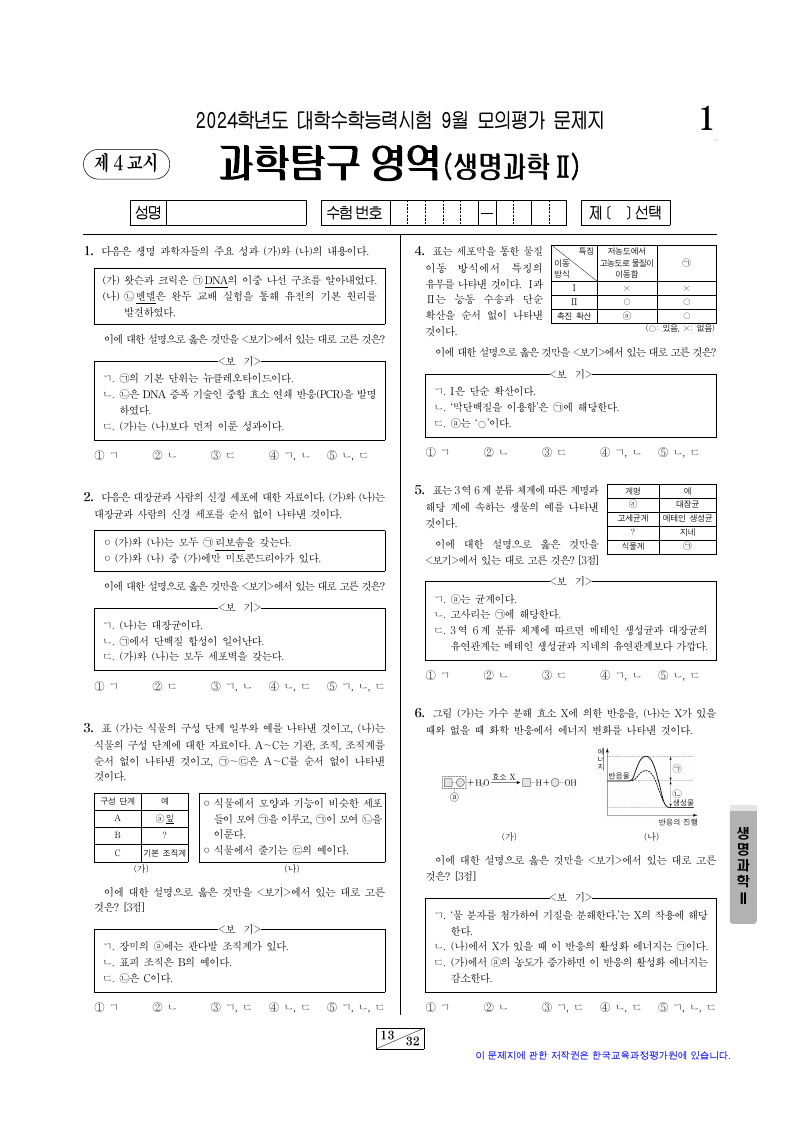 2024학년도 9월 모의평가 생명과학2 시험지 첫 페이지