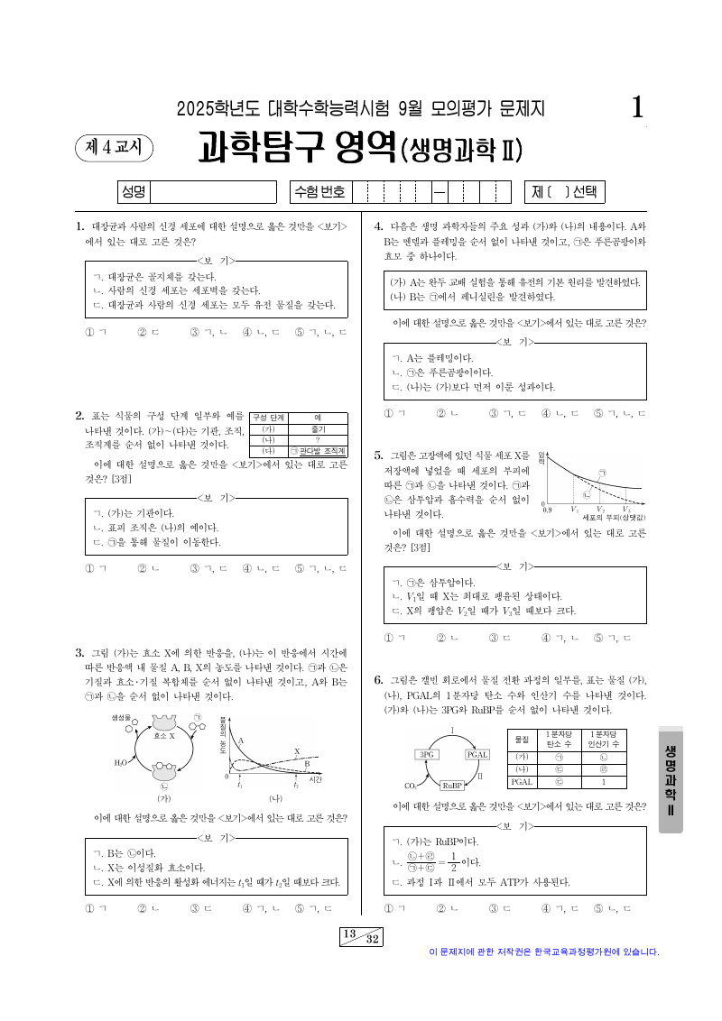 2025학년도 9월 모의평가 생명과학2 시험지 첫 페이지