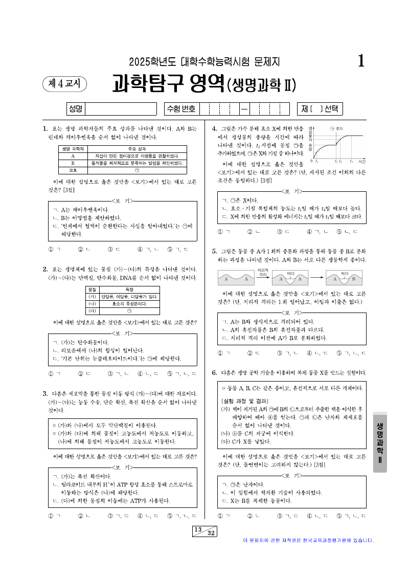 2025학년도 대학수학능력시험 생명과학2 시험지 첫 페이지