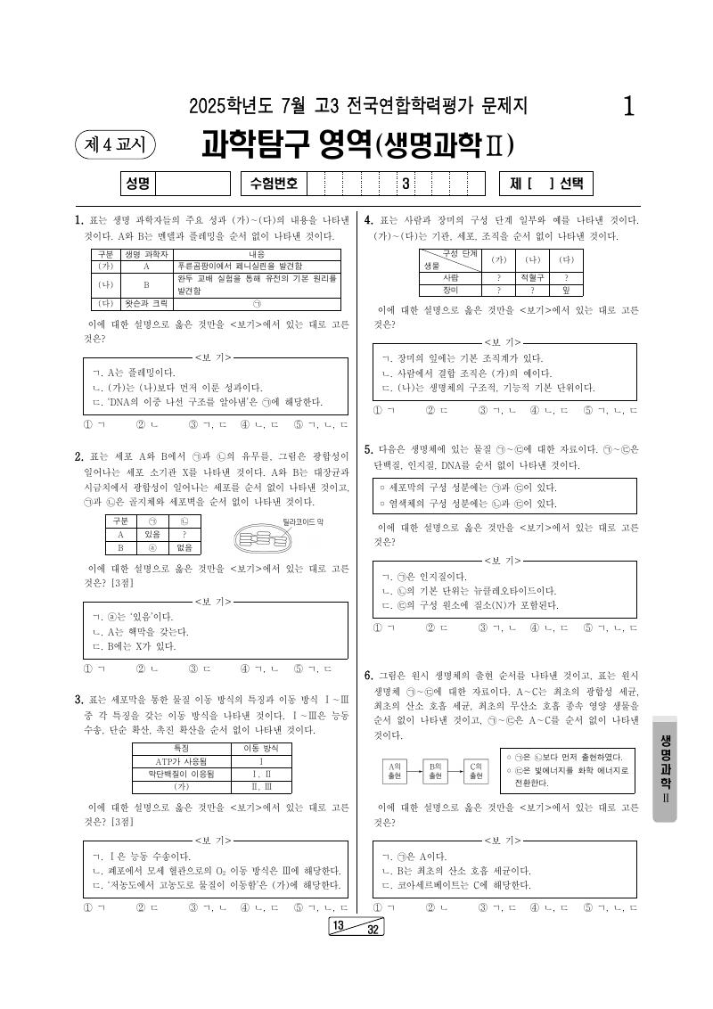 2025년 7월 고3 학력평가 생명과학2 시험지 첫 페이지