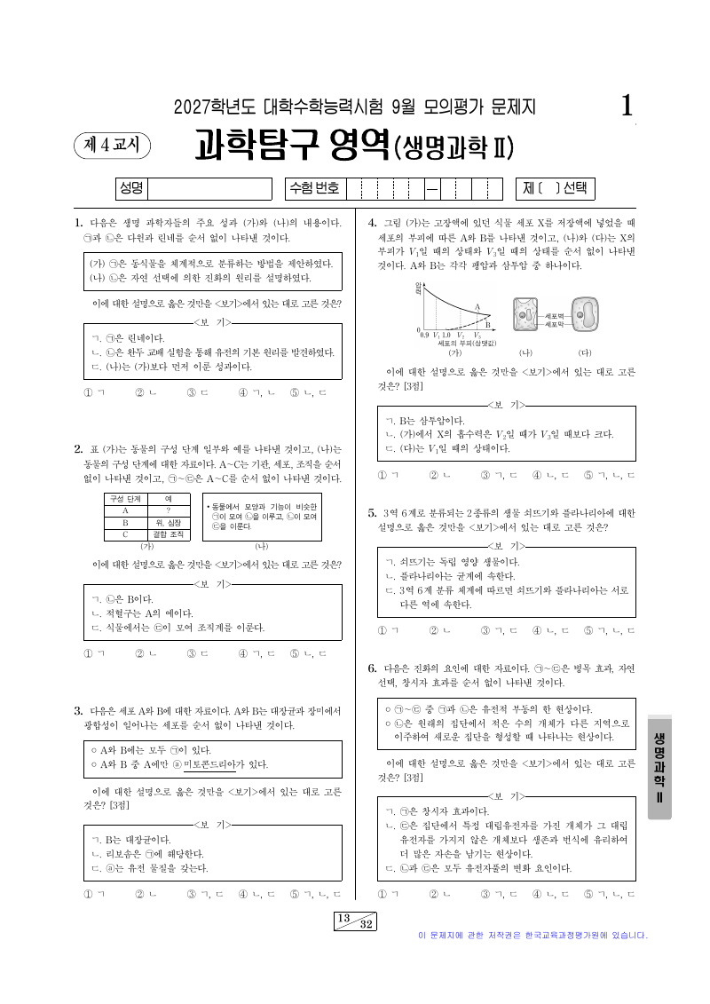 2027학년도 9월 모의평가 생명과학2 시험지 첫 페이지