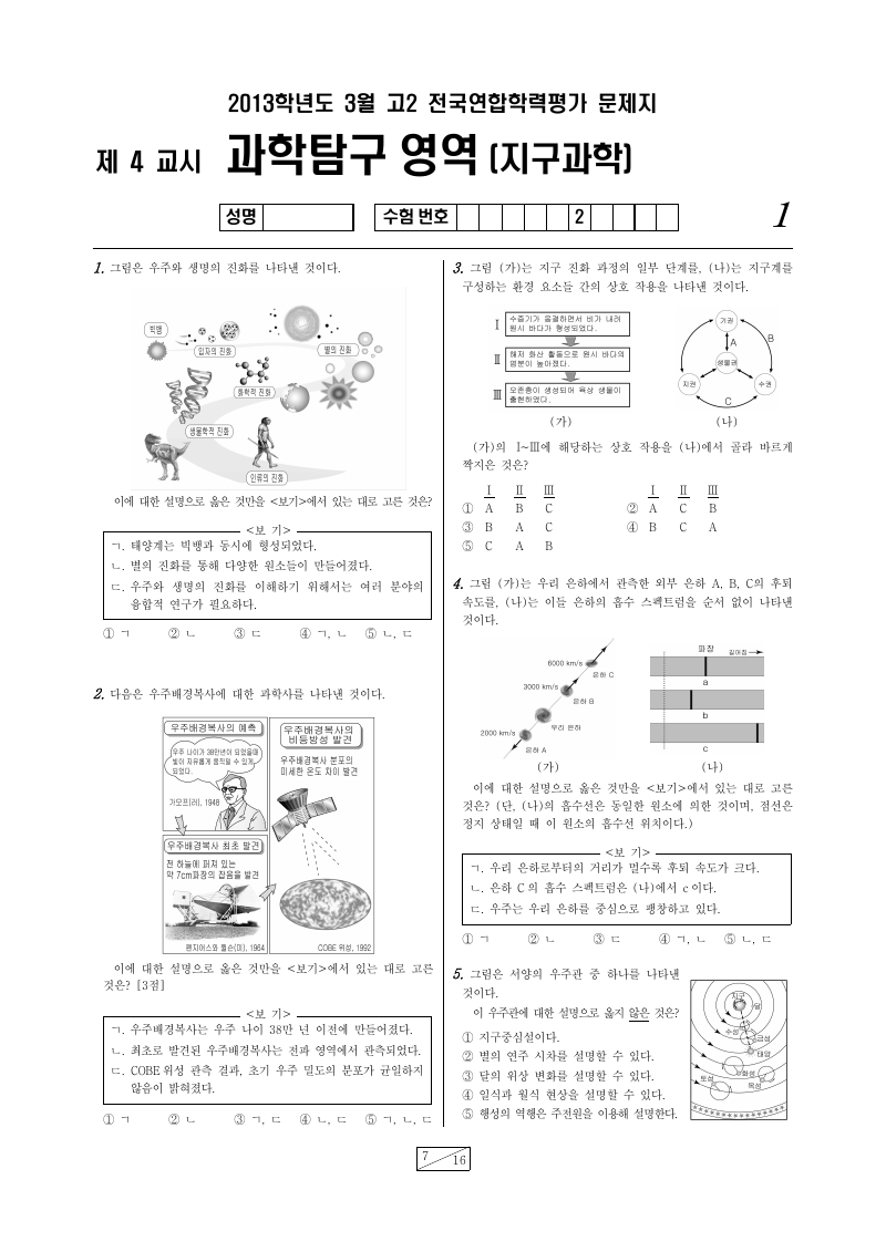 2013년 3월 고2 학력평가 지구과학1 시험지 첫 페이지