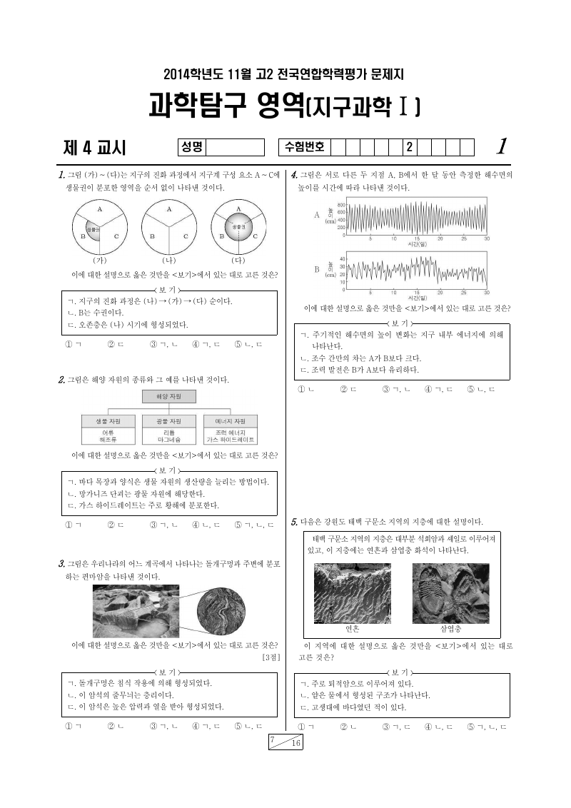2014년 11월 고2 학력평가 지구과학1 시험지 첫 페이지