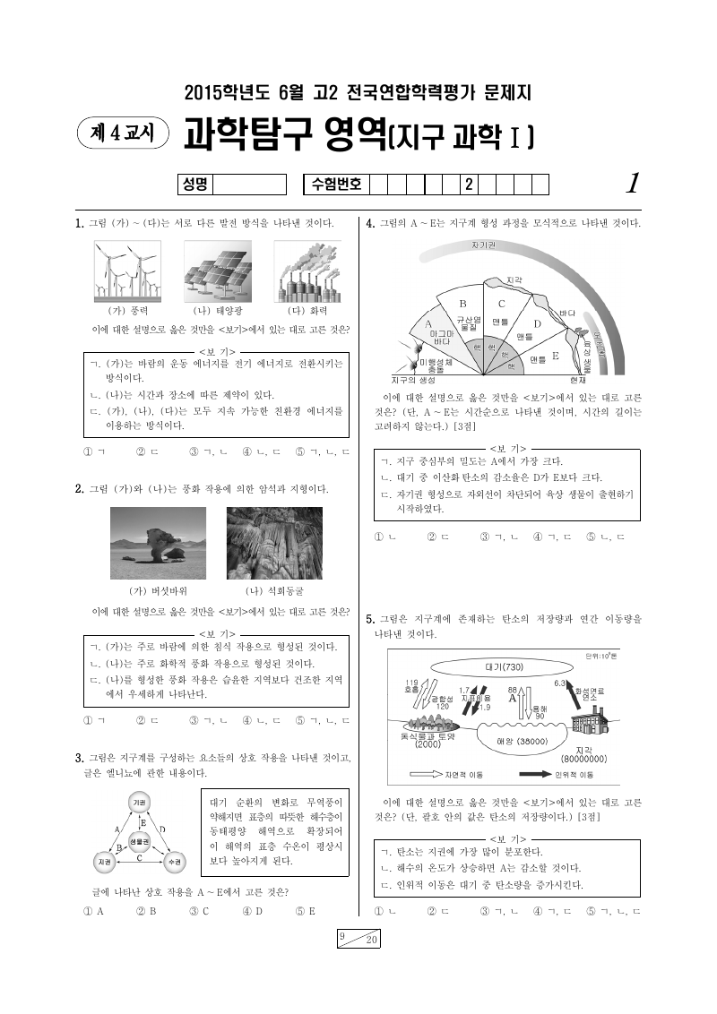 2015년 6월 고2 학력평가 지구과학1 시험지 첫 페이지