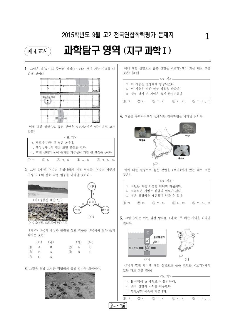 2015년 9월 고2 학력평가 지구과학1 시험지 첫 페이지