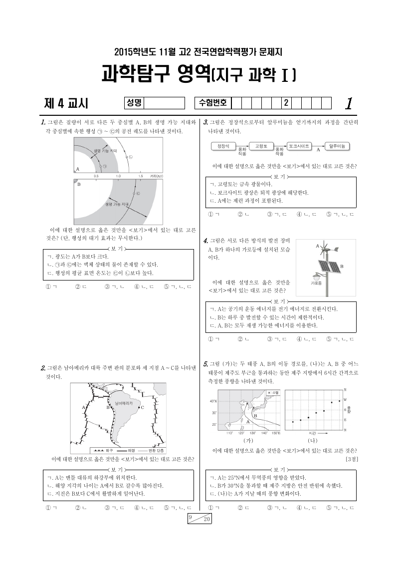 2015년 11월 고2 학력평가 지구과학1 시험지 첫 페이지