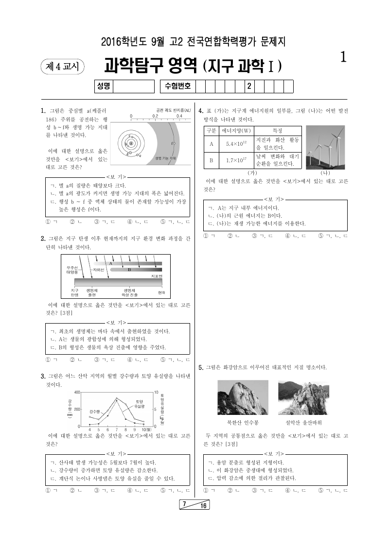 2016년 9월 고2 학력평가 지구과학1 시험지 첫 페이지
