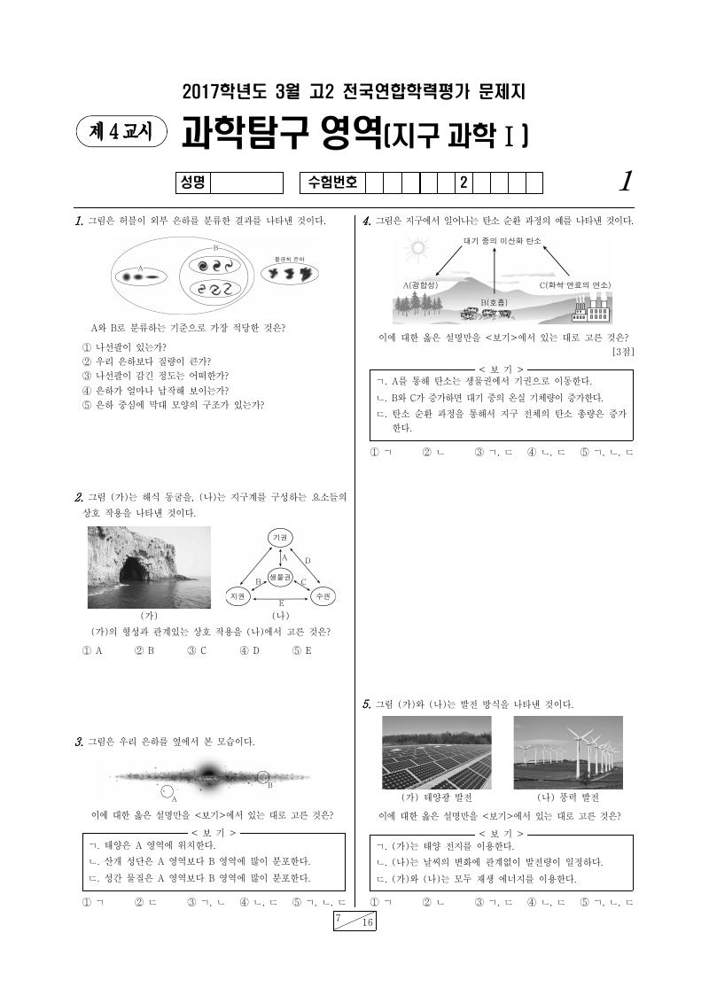 2017년 3월 고2 학력평가 지구과학1 시험지 첫 페이지