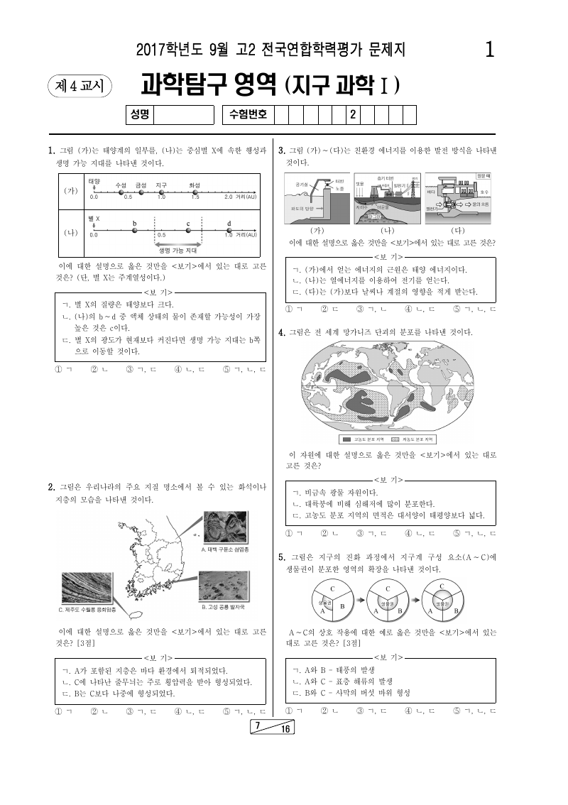 2017년 9월 고2 학력평가 지구과학1 시험지 첫 페이지