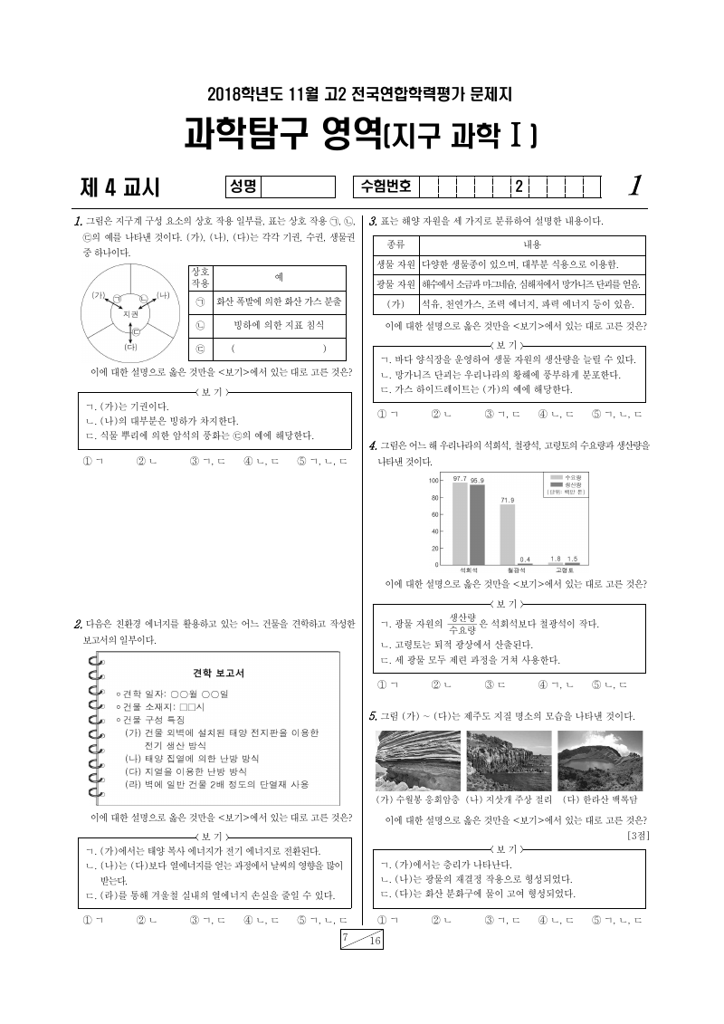 2018년 11월 고2 학력평가 지구과학1 시험지 첫 페이지