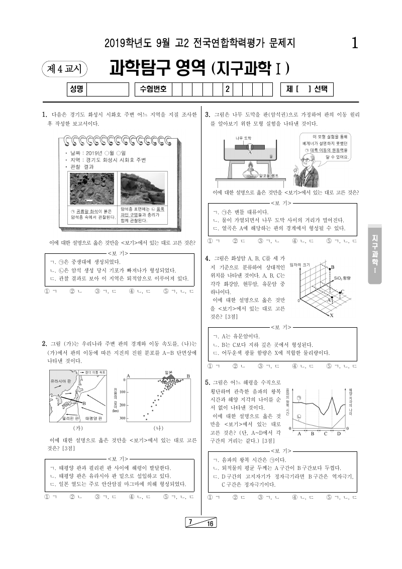 2019년 9월 고2 학력평가 지구과학1 시험지 첫 페이지