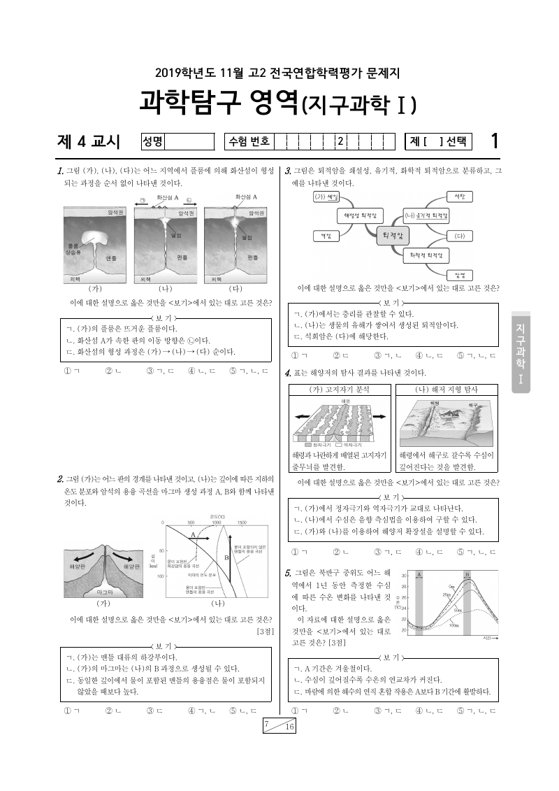 2019년 11월 고2 학력평가 지구과학1 시험지 첫 페이지