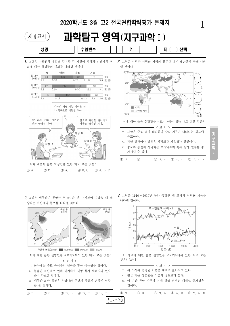 2020년 3월 고2 학력평가 지구과학1 시험지 첫 페이지