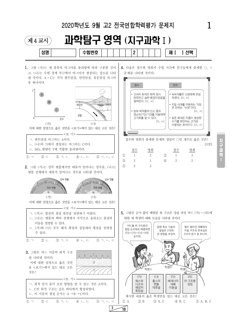 2020년 9월 고2 학력평가 지구과학1 시험지 첫 페이지