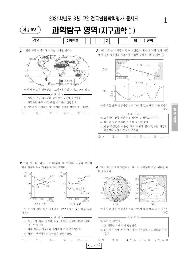 2021년 3월 고2 학력평가 지구과학1 시험지 첫 페이지