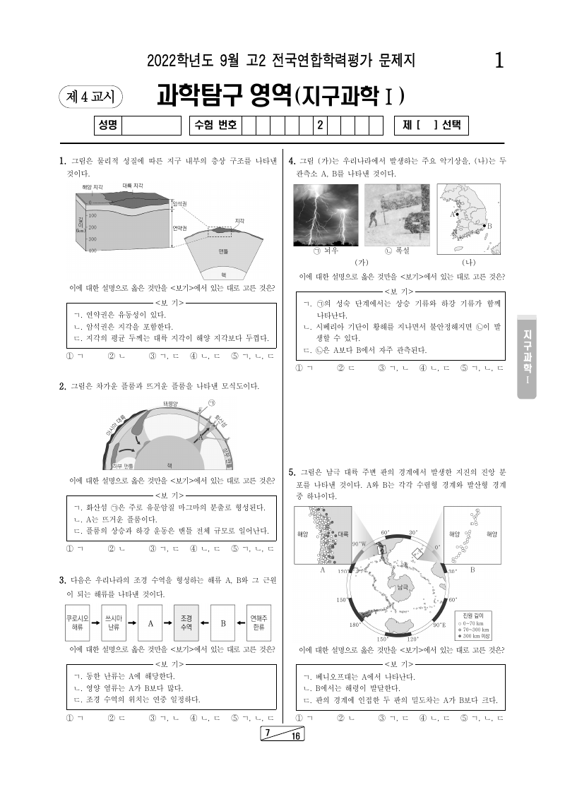 2022년 9월 고2 학력평가 지구과학1 시험지 첫 페이지