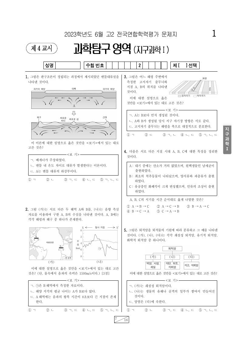 2023년 6월 고2 학력평가 지구과학1 시험지 첫 페이지