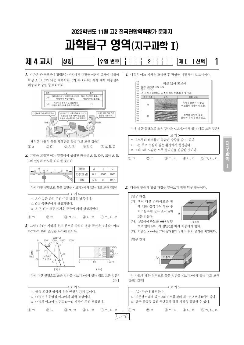2023년 11월 고2 학력평가 지구과학1 시험지 첫 페이지