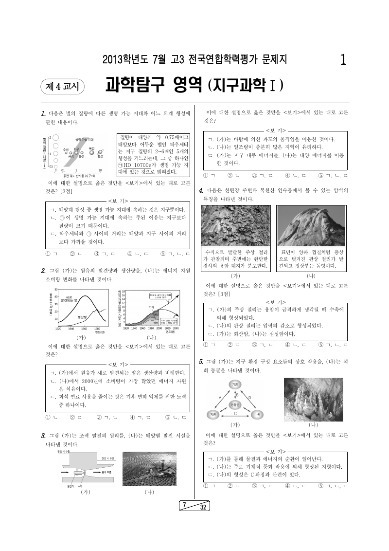2013년 7월 고3 학력평가 지구과학1 시험지 첫 페이지