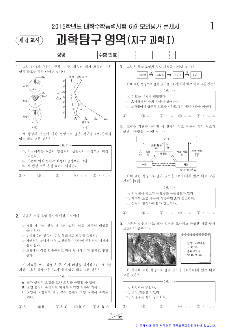 2015학년도 6월 모의평가 지구과학1 시험지 첫 페이지