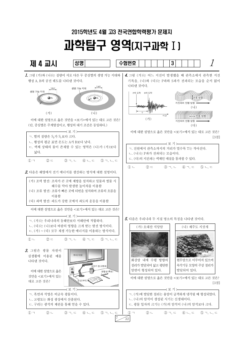 2015년 4월 고3 학력평가 지구과학1 시험지 첫 페이지